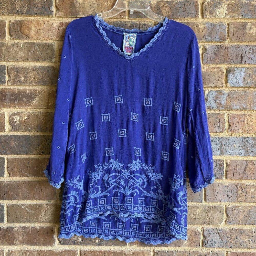 Johnny Was Blue Tunic Top Embroidery Eyelets Lace Trim Size XS